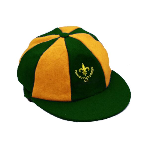 Bespoke traditional cap design yellow and green with logo embroidered on the front panel.